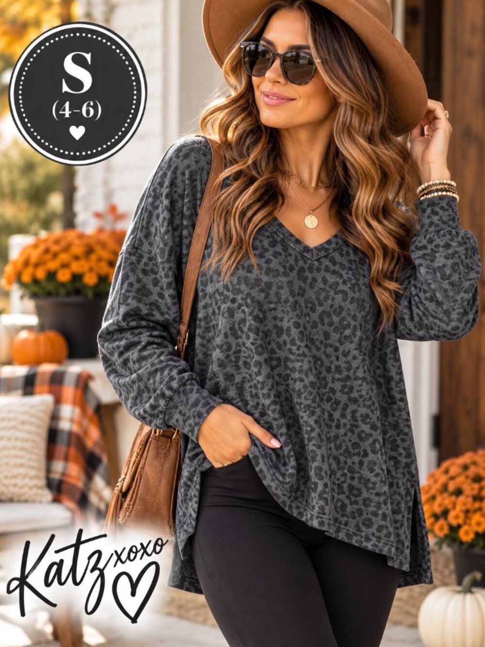 American Eagle S Charcoal Leopard Print Soft Plush V Neck Oversized High Low Top